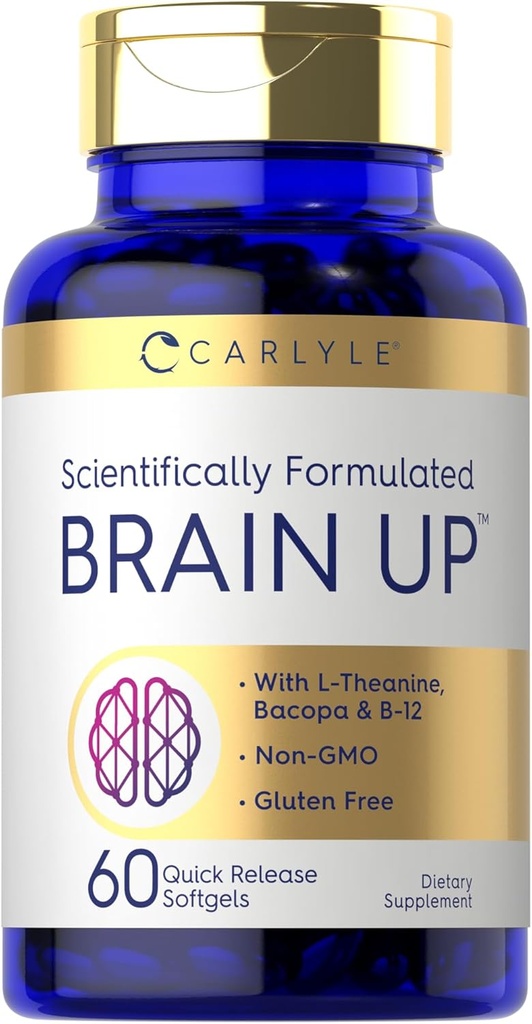 Carlyle Brain Up Supplement | 60 Softgels | с L-Theanine, Bacopa & B-12 | Non-GMO, Gluten Free