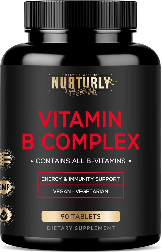 Komplex vitaminu B - Obsahuje všechny esenciální vitaminy B - B1, B2, B3, B5, B6, B7, B9, B12 a Biotin - Super B Komplexní vitaminy pro energii, imunitu a nálady - 90 tablet
