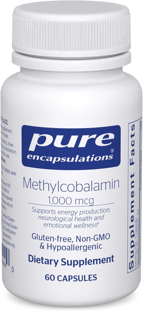 Encapsulacións puras Methylcobalamin 1,000 mcg - Suplemento de vitamina B12 para soportar memoria e saúde nerviosa - cápsulas Premium de vitamina B12 - 60 cápsulas.