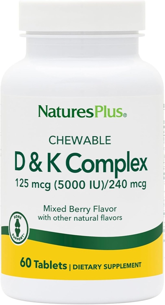 Natures Plus D & K Kompleks - 60 Mixed Berry Chewables - Support Kalsium Metabolisme - Vegetarian, Non-GMO, Gluten Free, Soy Free - 60 Servings