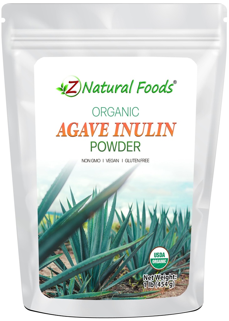 Z Natural Foods Organic Agave Inulin Powder, Natural Fiber Supplement, Prebiotic Superfood Powder for Drinks, Smoothies, and Recipes, Raw, Non-GMO, Vegan, Gluten-Free, Kosher, 1 lb