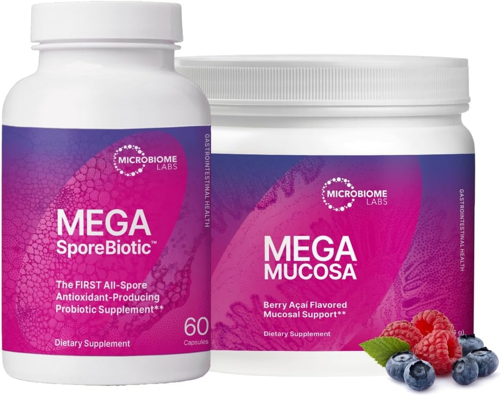 Mikrobio-labak MegaSporeBiotic (60 kapsula) + MegaMucosa (5.5oz Powder) Probiotiko eta Gut Mucosal Support Bundle - Spore-Based Probiotikoa Immunoglobulinekin, Amino Acids Powder gehigarria