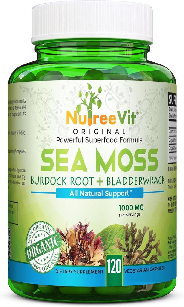 NutreeVit 100% organski - Sea Moss + Bladderwrack + Burdock Powerful Superfood Formula (120 kapsul)