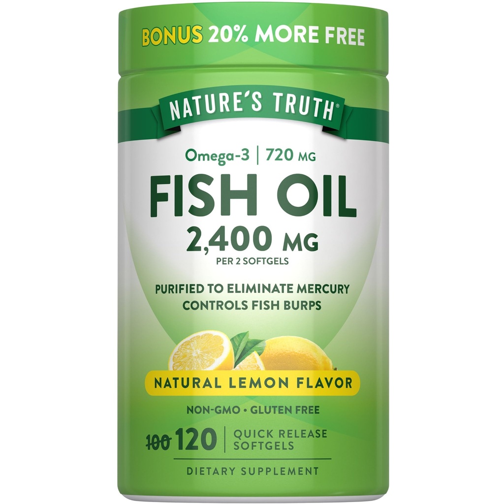 Nature's Truth Fish Oil 2400mg | 120 Quick Release Softgels | 720 mg Omega 3 | Burpless Lemon Flavor Pills | Non-GMO & Gluten Free Supplement