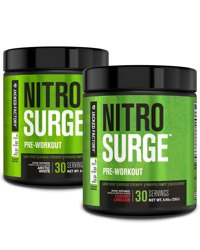 Jacked Factory NITROSURGE Pre Workout Supplement for Energy, Instant Strength Gains, Clear Focus, & Intense Pumps (Arctic White, 30 Servings & Cherry Limeade, 30 Servings)