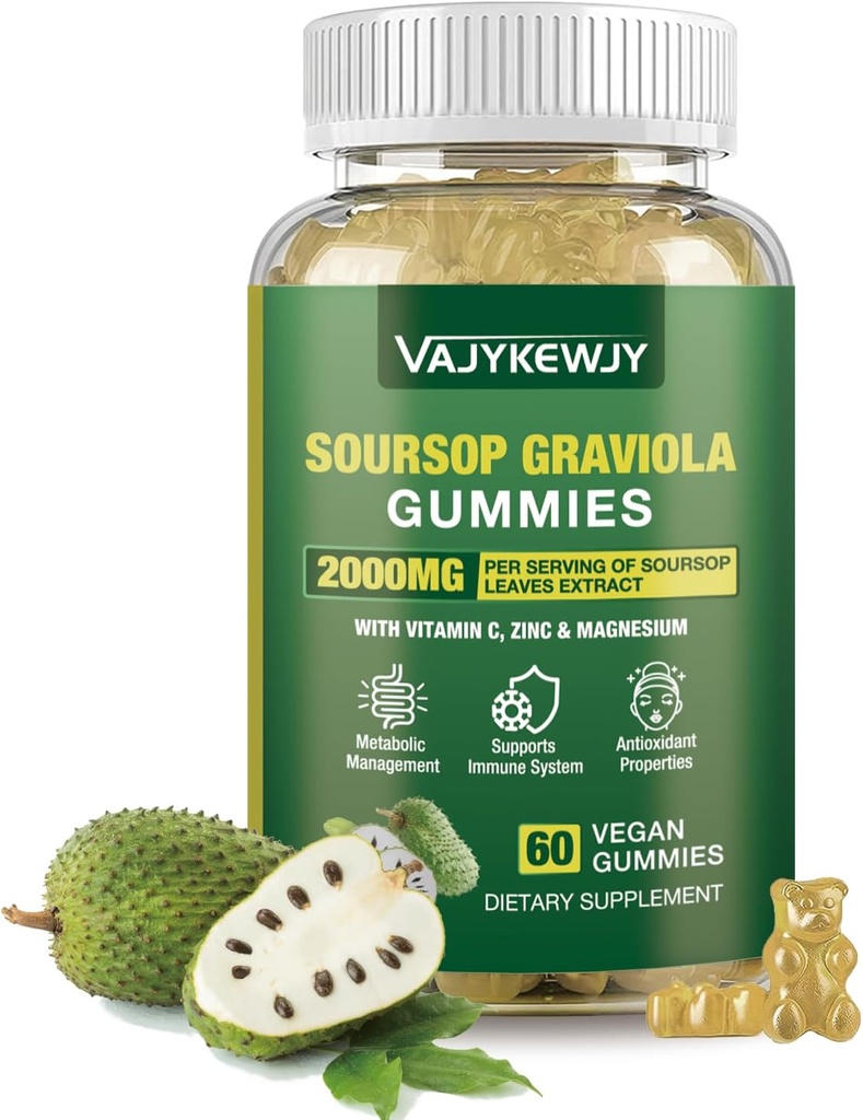 Soursop Graviola Gummis - 2000mg extra Stärke Soursop Blätter Extrakt, Vitamin C, Zink & Ganze natürliche Nahrung für Immunität, Vegan, 60 Gummis