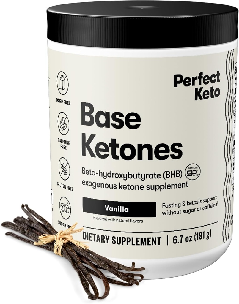 Perfekt ketoeksogene ketoner pulver, BHB salter Supplement for ketose og faste, Plus elektrolyter for hydrasjon, koffeinfri energi, keto diett, fokus og trening støtte, Vanilla, 6,7 oz