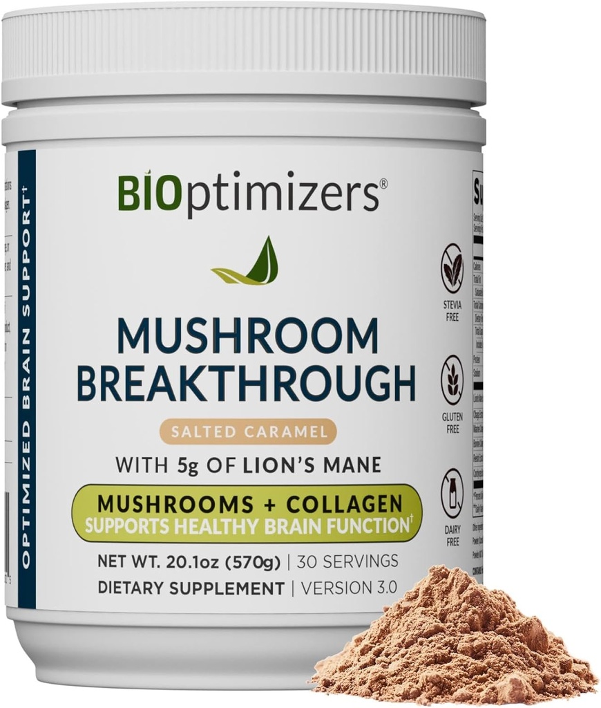 BIOptimizers 버섯 커피 대안 – 소금 카라멜 음료 – 사자 Mane, Chaga, Reishi + 초점, 에너지 및 구트 건강을위한 교원질 펩티드 – Adaptogenic 버섯 & MCT 분말 – 30 서빙