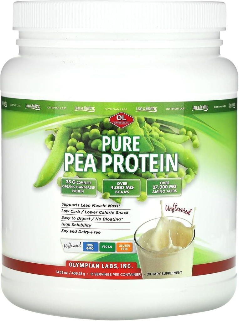 Olympian Labs Pea Protein Powder, Unflavored - 25g de proteína, Plant Based Vegan Friendly, Low Net Carbohidratos, Gluten Free, Lactose Free, No Sugar added, and Soy Free, 13 porcións