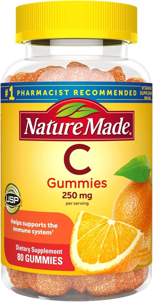 Vitamin C Gummies 250 mq, 80 Count, Immune Support üçün, Antioksid Support, Skin Health üçün Collagen Support, Tangerine