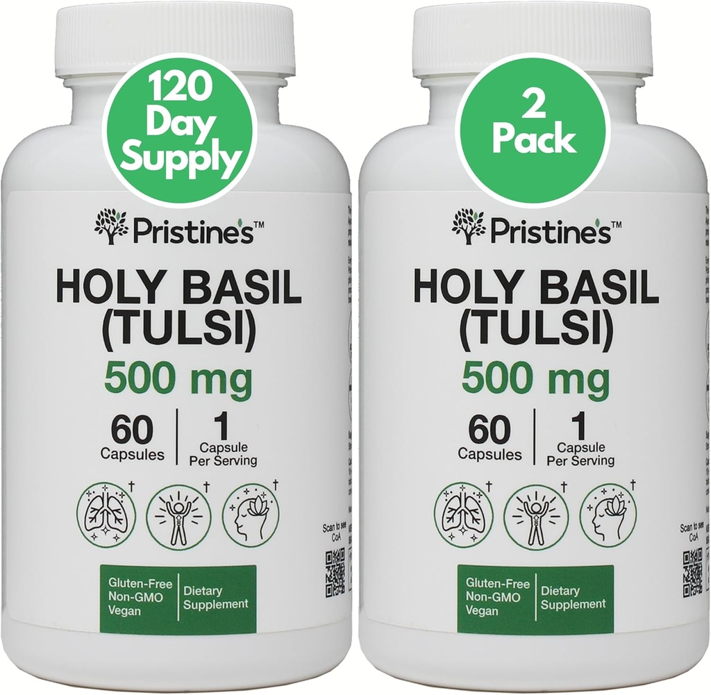PRISTINE'S Holy Basil (Tulsi) 500 mg (2 Pack) Rahatlama ve Immunity Support Adaptogen Supplement - 120 Day Supply - Holy Basil Leaf Capsules - Vegan - Non-GMO - Gluten Free Supplements