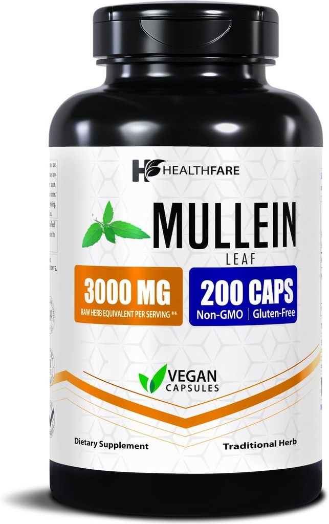 Healthfare Mullein Leaf Extract 3000mg.200 Capsules Vegan.com Supplément à base de plantes extra-fort.com soutient le bien-être et l'équilibre.