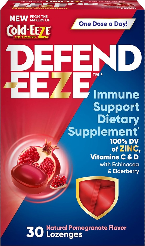 Defend-EEZE Immune Support Dieetsupplement Lozenges, 100% dagelijkse waarde van zink, vitamine C & D per dosis, met Echinacea & Vlierbes, Granaatappel smaak, 30 Lozen