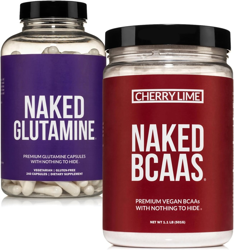 NAKED Cherry Lime BCAAs 34 Sevings + Pure L-Glutamine 240 קפסולות Bundle: non-GMO, Gluten Free, שריר התאוששות, שום דבר מלאכותי