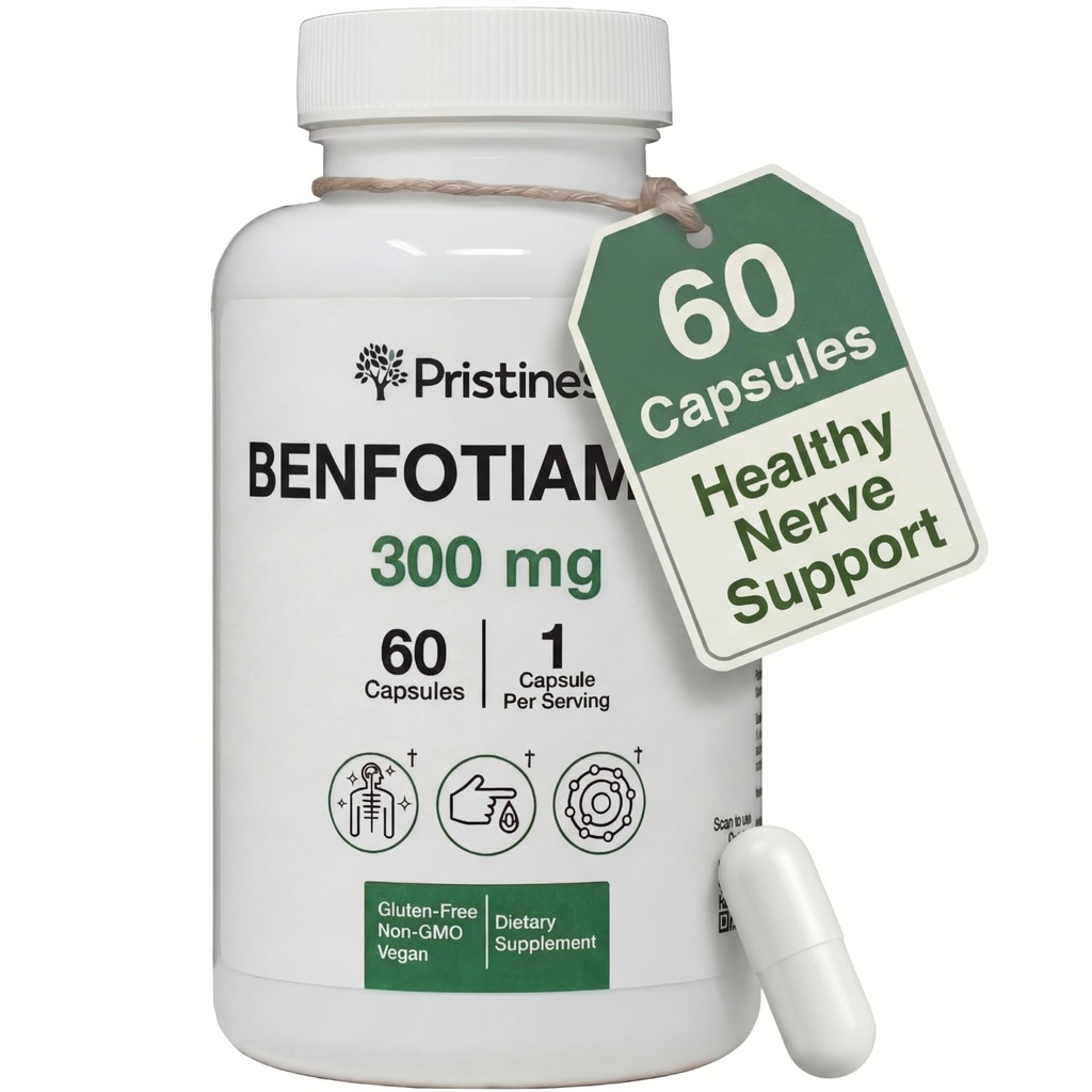 PRISTINE'S Benfotiamine 300mg High Bioavailability Nerve Support Supplement - 60 Day Supply - Fat Soluble Vitamin B1 Supplements - Vegan - Non-GMO