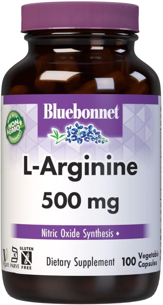 Bluebonnet Nutrition L-Arginine 500mg, acide amino de forme libre, précurseur à oxyde nitrique*, sans soja, sans gluten, non OGM, certifié Kosher, végétalien, 100 capsules végétales, 100 portions, blanc