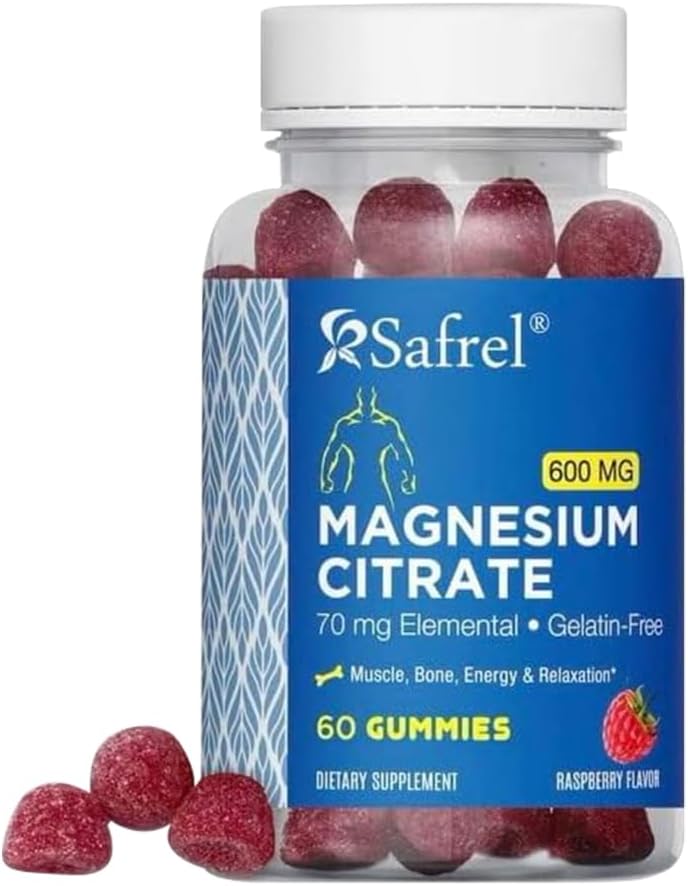 Safrel Magnesium Citrato Gummies - 60 Gummies Vegan, 600mg por serviço - Promove relaxamento, músculo, osso, & suporte energético - Adultos e idosos- Framboesa sabor (Pacote de 1)