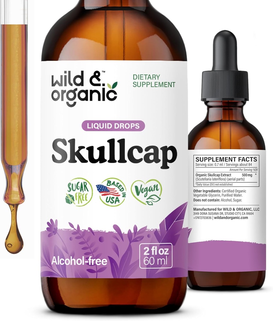 Wild & Organic Skullcap Tinktur - Afslapning, Good, Calmness - Flydende Skullcap Herb supplement - Vegan, Sukker & Alkohol- Free Drops - 2 fl oz