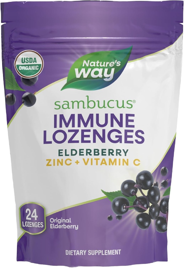 Nature's Way Sambucus Immune Lozenges, Tsink + C-vitamiin, must leedripuu ekstrakt, USDA sertifitseeritud orgaaniline, originaalne marjamaitseline, 24 pakendis võib varieeruda