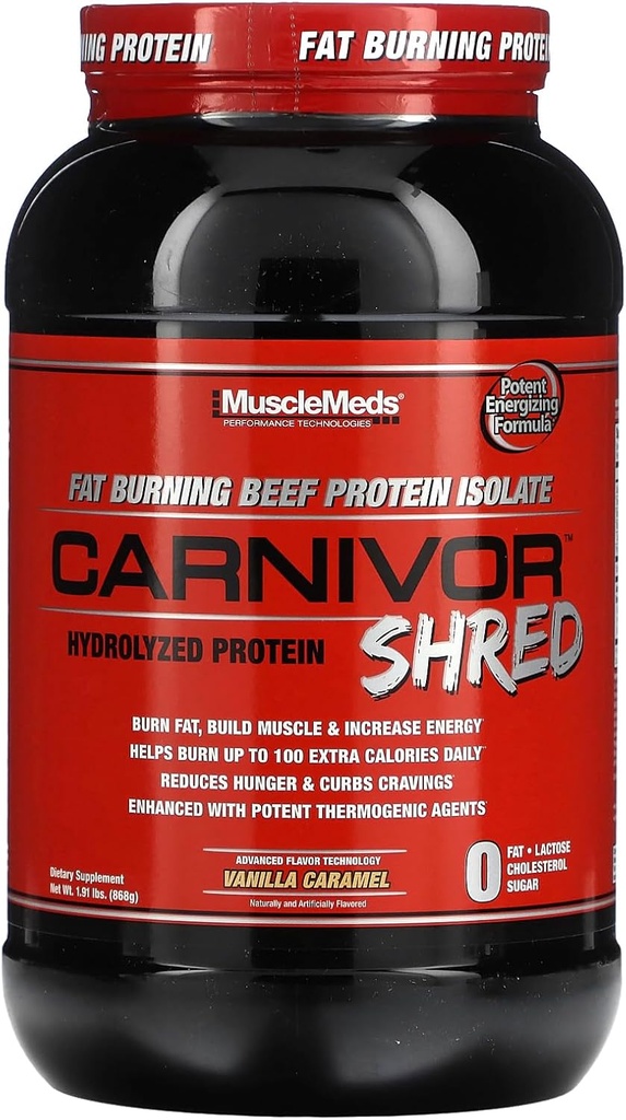 MuscleMeds Carnivor Brûlure de graisse écrémée Protéine de boeuf hydrolisée Isolée, 0 Lactose, 0 Sucre, 0 Graisse, Caramel de vanille, 2 livres, 28 portions