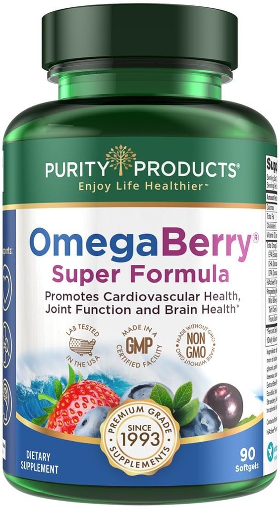 Safranlıq Məhsulları OmegaBerry Balıq Yağı w/Vitamin D3 + Organic Acai Super Formula - 1875 mərkəzi, Molekulyarlı Distilled, Ultra Pure Omega-3s 1080 mg EPA + 720mg DHA + 120 mg DPA - 90 Count