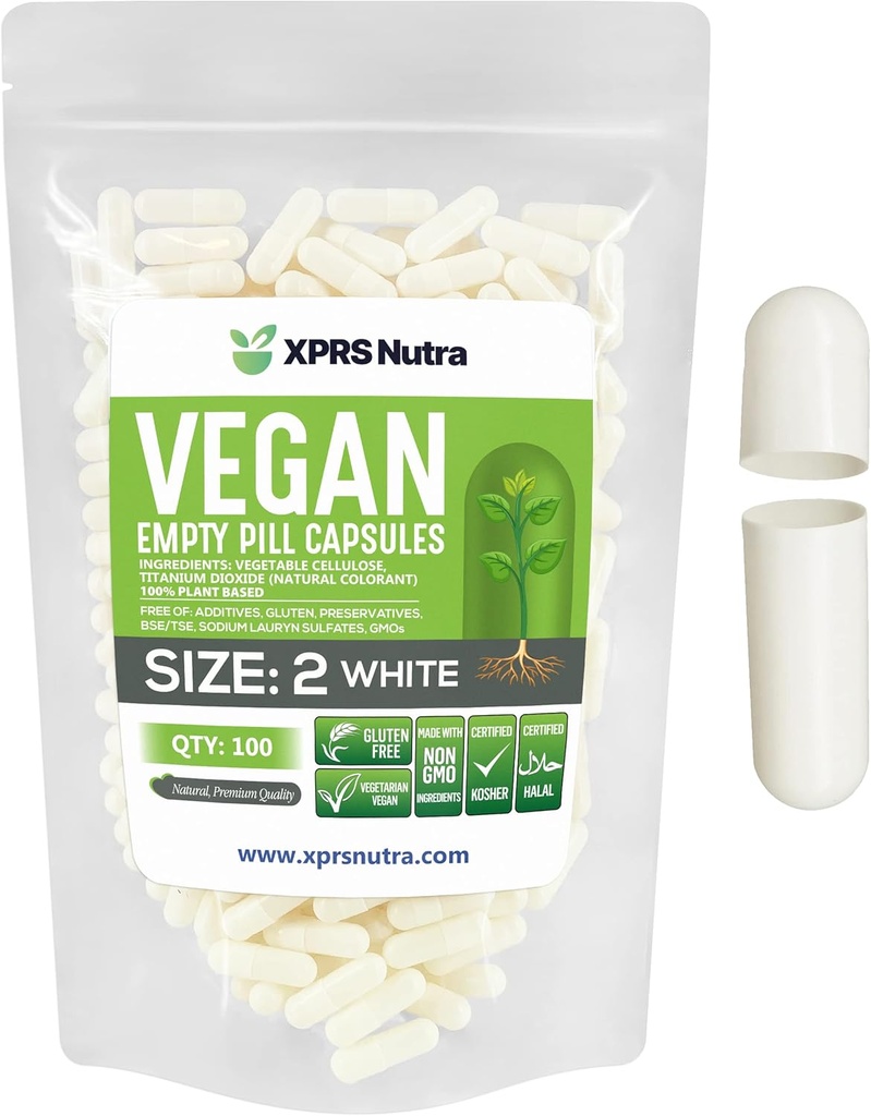 XPRS Nutra dydis 2 tuščios kapsulės - 100 tuščių vegetariškų tuščių kapsulių - Vegetarinė tuščia tabletė - Daržovių kapsulės pilstymas - Veggie Caps piliulės (baltos)