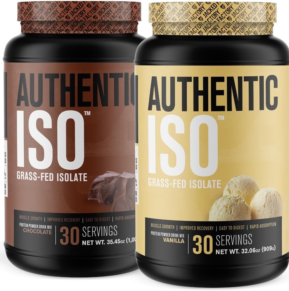 Жакетний завод Authentic ISO Gras Fed Whey протеїн Isolate порошок - Низький Карб, Non-GMO М'язовий будів протеїн W/No наповнювачі (Шоколад, 30sv) & (Vanilla, 30sv)