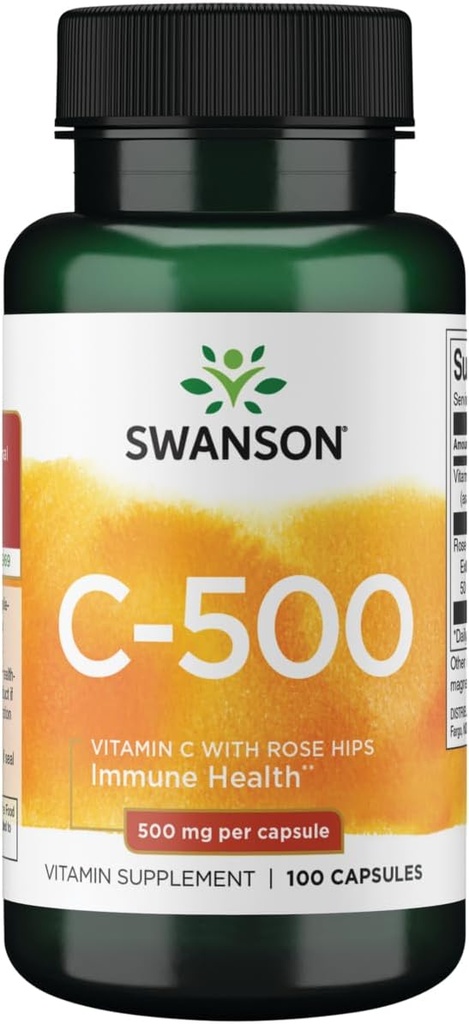 Swanson Vitamina C con Rose HIPS Immune System Support Skin Cardiovascular Health Antioxidant Suplemento 500 mg 100 cápsulas