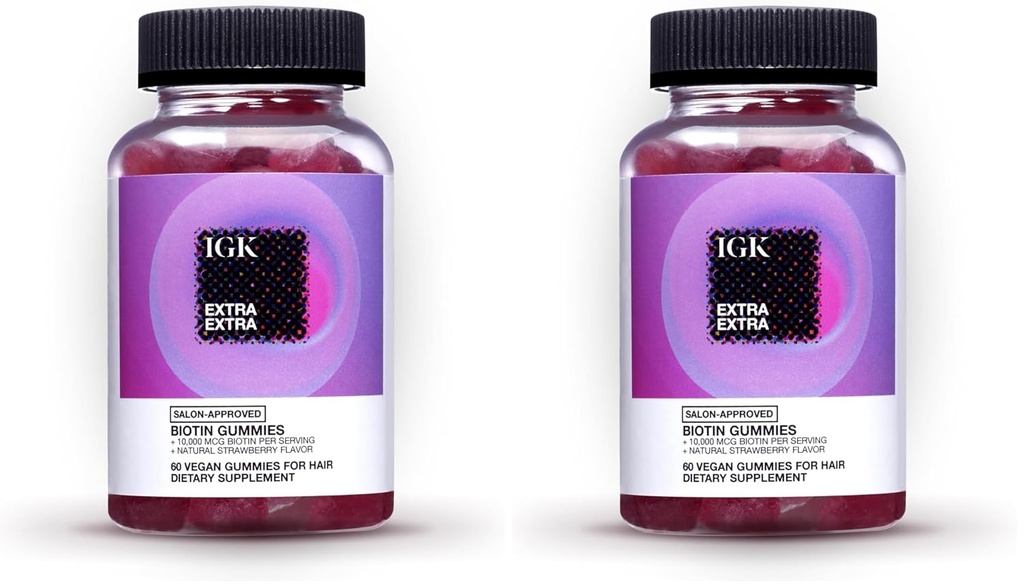 IGK Biotin Hår Gummies 10.000mcg Biotin (60 greve), Strawberry Flavored, Hårvekst Supplement Gummies for sunn hår, hud og negler, Vegan, Hjelp Bekjempe Hårtap & Tynning (Pack of 2)