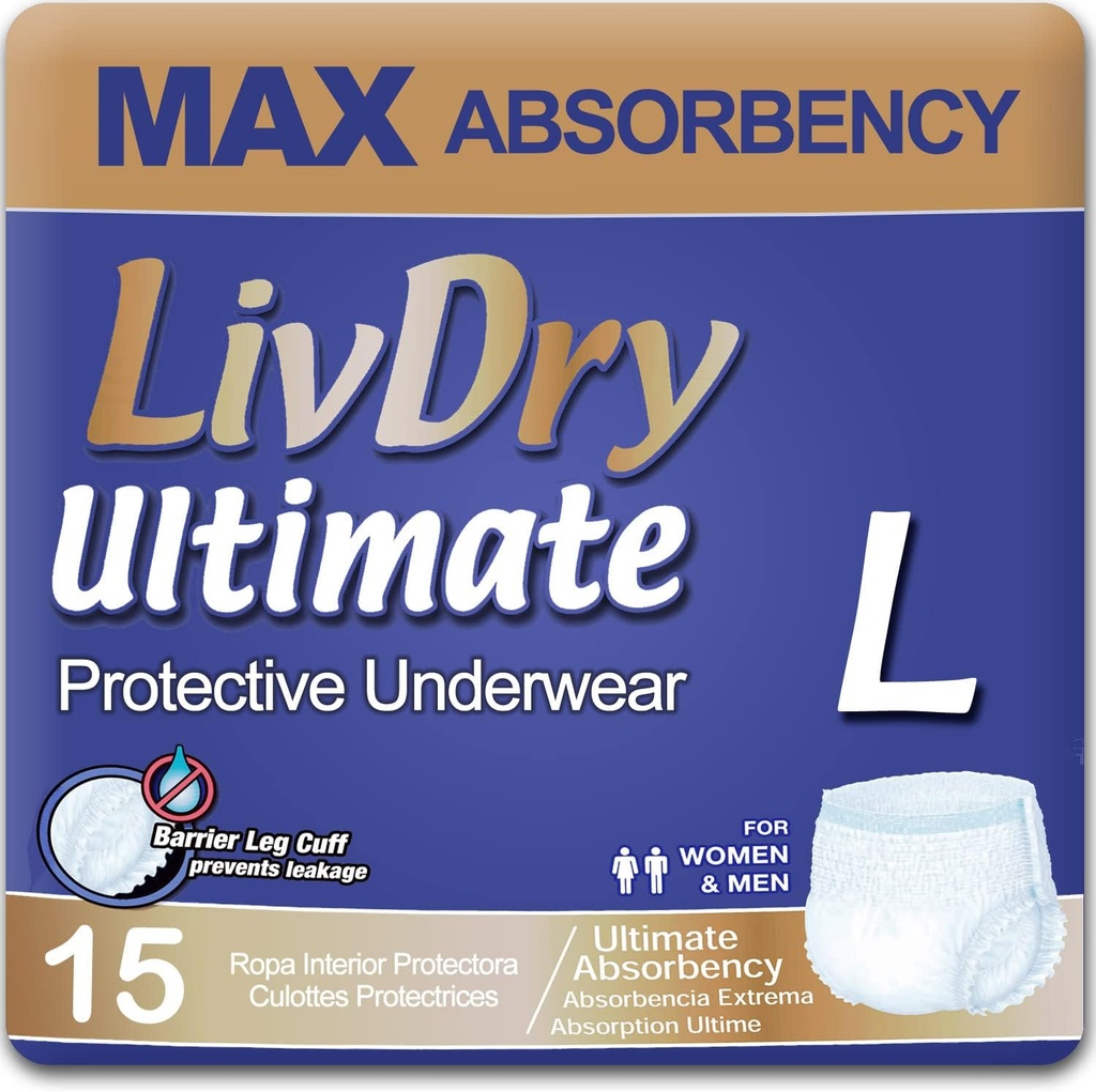 LivDry Large Ultimate Adult Incontinence Underwear, Max Absorvente Adult Diapers com proteção de vazamento, L, 15-Pack