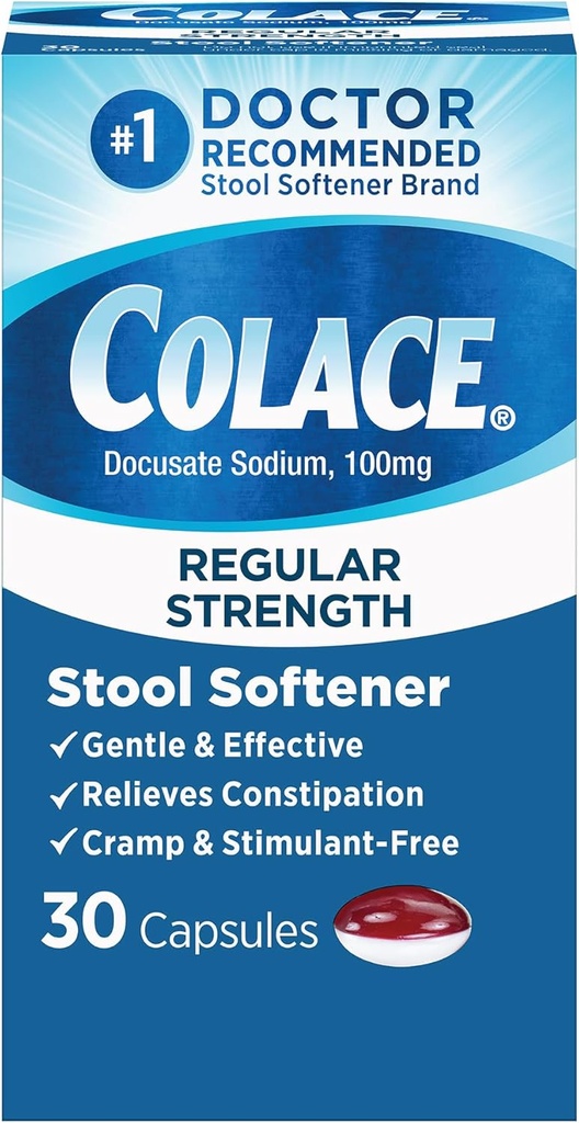 Colace Regular Strength Hocker Softener für gentle Effective Constipation Relief, Nr. 1 Doctor Empfohlene Hocker Weichspüler Marke, 100 mg Docusate Kapseln, 30 Count