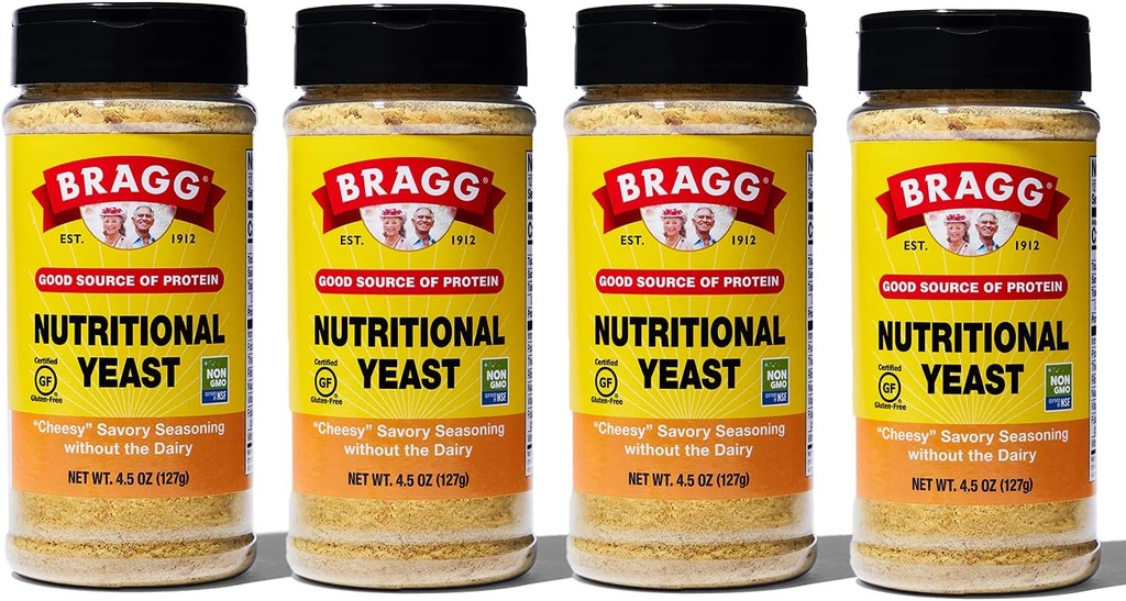 Bragg Uztura rauga sezonas – Vegan, bez lipekļa siera pārslas – labs avots olbaltumvielu un vitamīnu – uzturvielu Savory Parmesan siera aizstājējs – ne ĢMO Verified, 4.5 Ounce, 4-Pack