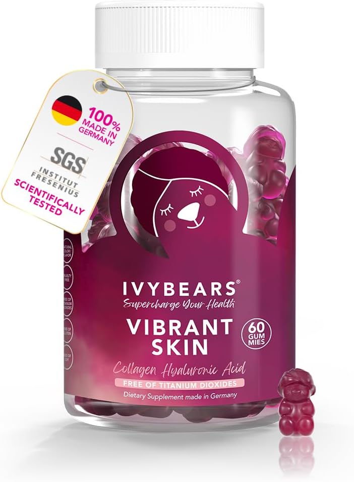 IvyBears Vibrant Skin Gummies - Hyaluronic Acid & VERISOL Collagen - High-Potency Skin Hydration & Elastity - Radiant, Youthful Glow - Vegen & Естествено Delicious - 60 Count