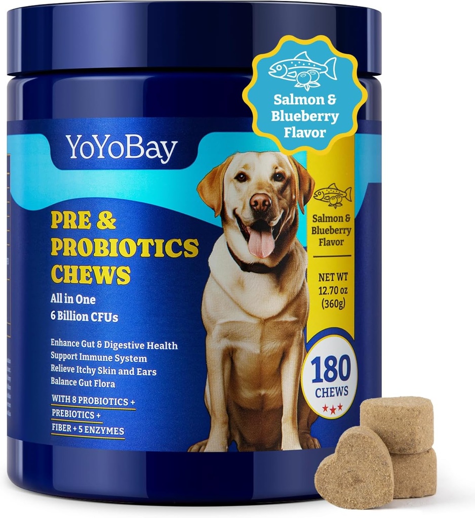 Probiotics for Dogs - Dog Probiotics for Gut, Immune & Skin Health - 6 Billion CFUs, 180 Soft Chews, Salmon & Blueberry Flavor - with Prebiotics & Digestive Enzymes