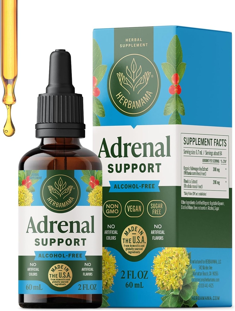 HERBAMAMA Adrenal Support Liquid Drops - Vegan Adrenal Tincture Ashwagandha Root & Rhodiola Rosea kivonat - Non-GMO, Alkohol & Sugar- Free Supplement - 28 napos ellátás