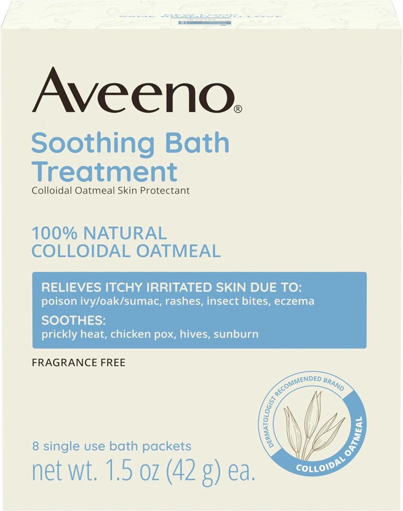 Aveeno Fragrance-Free Soothing Hamam müalicəsi və Soothing Yardım üçün Soak, 100% Natural Colloidal Oatmeal, Relieves Itchy, Irritated Skin Eczema, 8 Single-Use Bath Packets