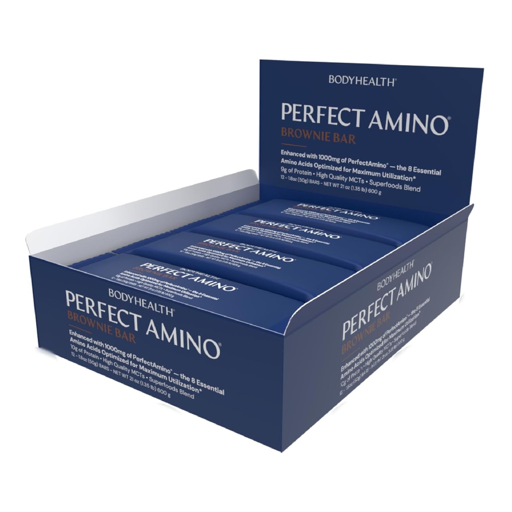 BodyHealth PerfectAmino Bar Protein Energy Snack z 10 g białka, roślin oparte MCT, Superfood Mieszanka, Kosher, (Brownie, 12 Pack)