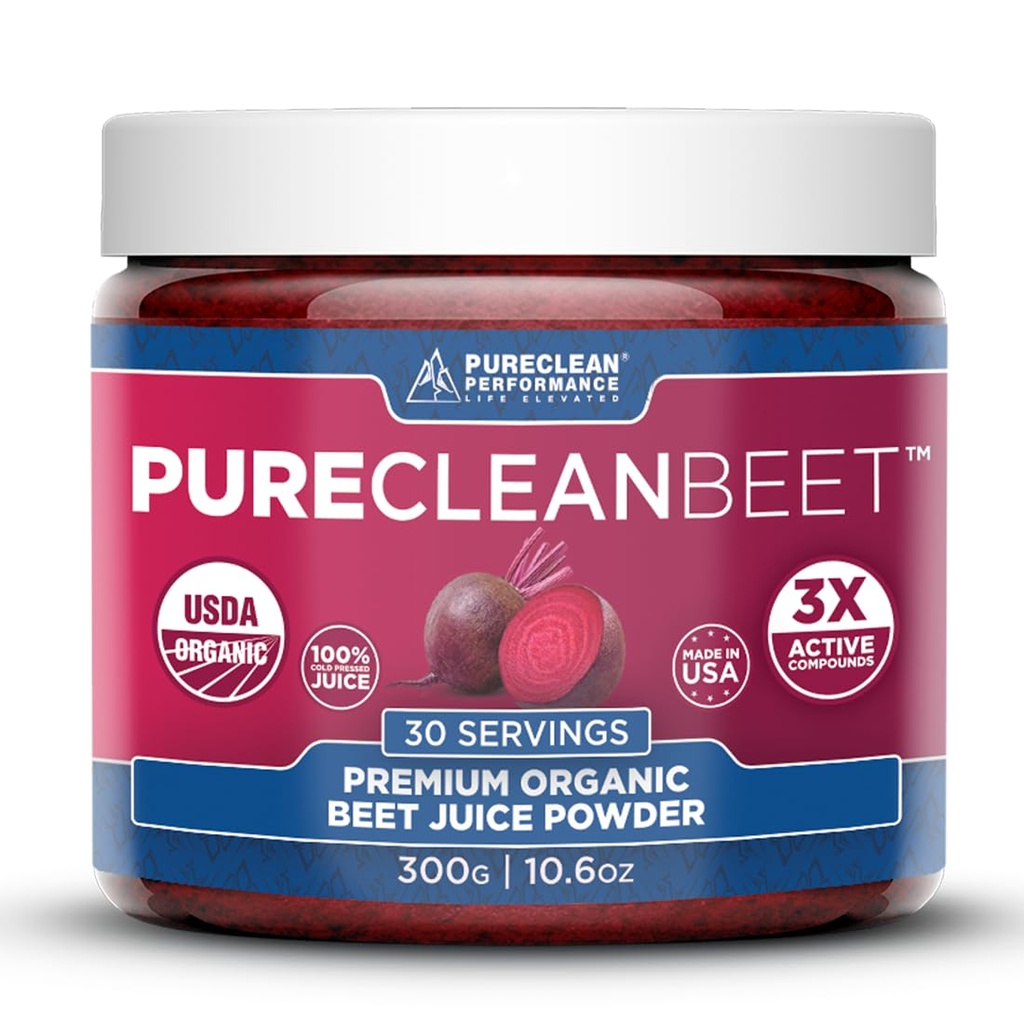 PureClean Beet Premium Beet Juice Powder - 100% Organic Nitric Oxide Support for Clinically-Proven 3X Greater Circulation, Endurance & Energy - Proudly Cold-Pressed, Eco Friendly, USA - 30 Servings