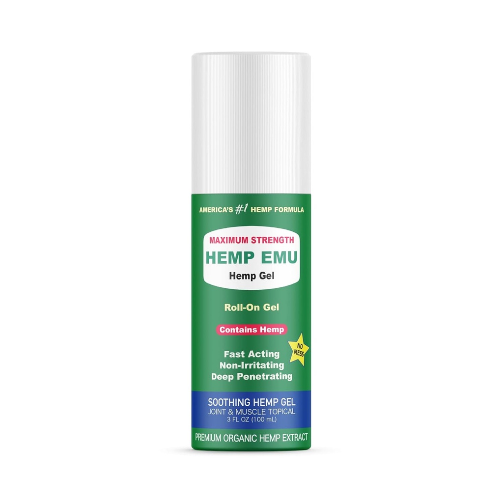 Hemp Emu - Hemp Roll On Gel - Geri & Anonim Discomfort üçün Muscle Rub - Organic Hemp Oil, Emu Oil, Menthol, Eucalyptus, Aloe Vera Vera