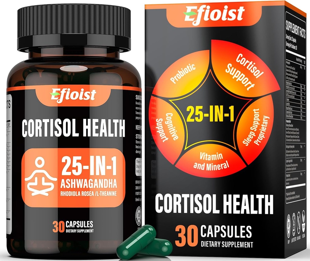 Cortisol suplement dla kobiet, 25- in-1 Cortisol Reducer dla kobiet i mężczyzn, Cortisol suplementy dla mężczyzn z Ashwagandha, Rhodiola Rosea, L- Theanine, dla nastroju, Focus, Sleep Support, 30 kapsułki
