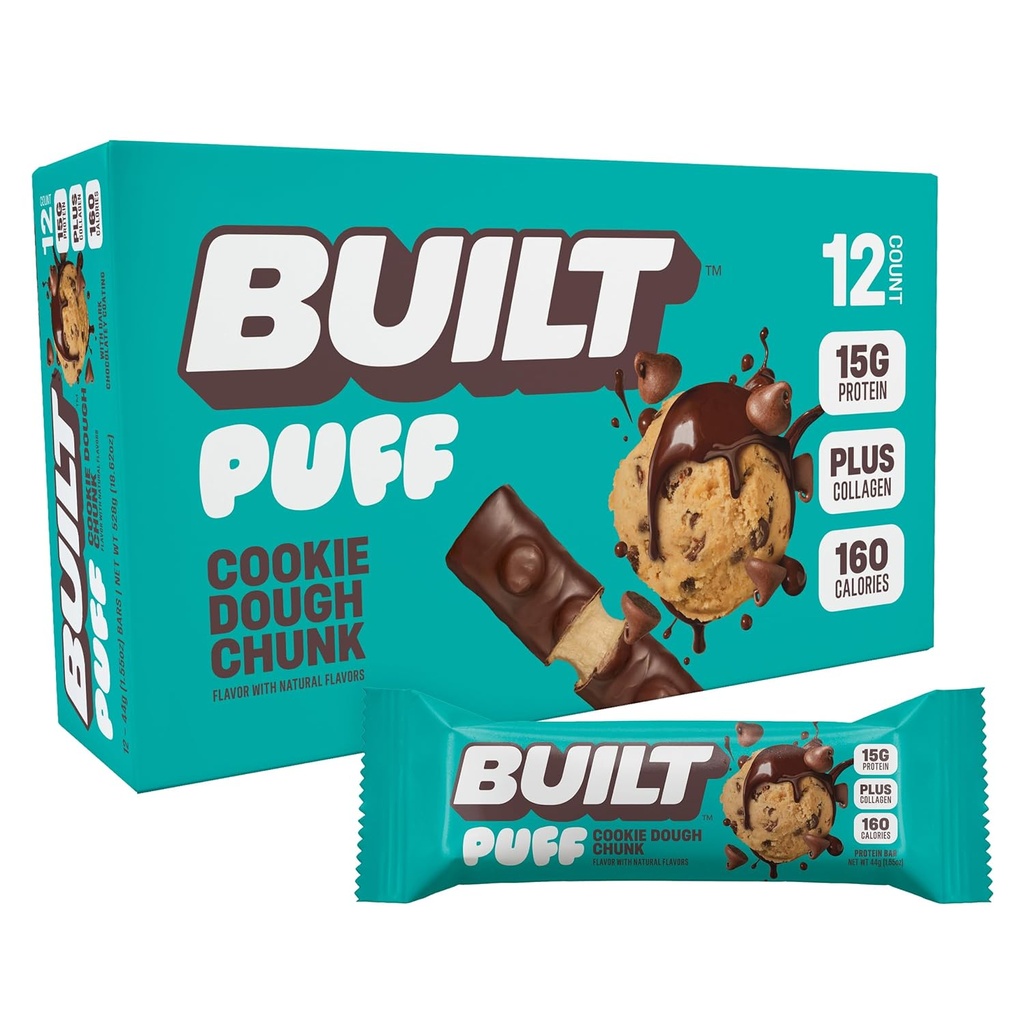 Postavený bar, Puff Protein Bars, Cookie Dough Chunk Puff, 15g Protein Snacks, On-The-Go Bars, Iba 160 kalórií, 8g Cukor, Kolagén, Nie je lepok bez, 12 Počet