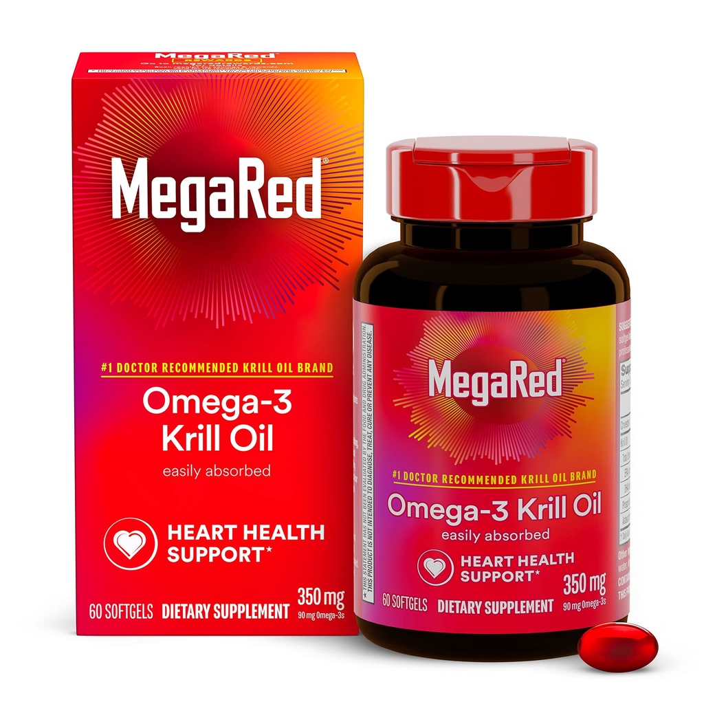 MegaRed Omega-3 Krill Oil 350mg Softgels, (60 Count in A Bottle), EPA & DHA Omega-3 Fatty Acids with No Fishy Aftertaste Unlike Fish Oil, Contains Antioxidant Astaxanthin