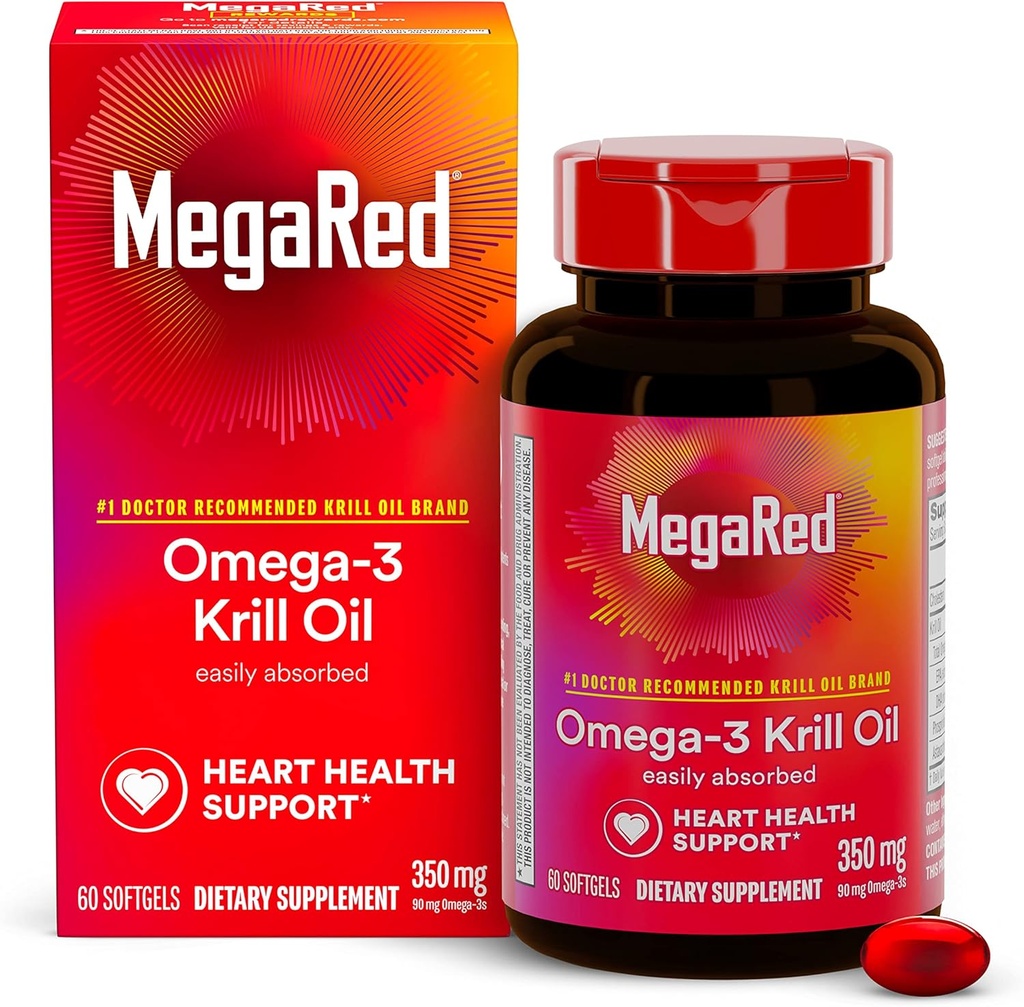 Omega-3 Krill Oil 350mg Softgels, MegaRed (60 greve i en flaska), EPA & DHA Omega-3 fettsyror utan fiskig eftersmak till skillnad från fiskolja, innehåller antioxidant Astaxanthin