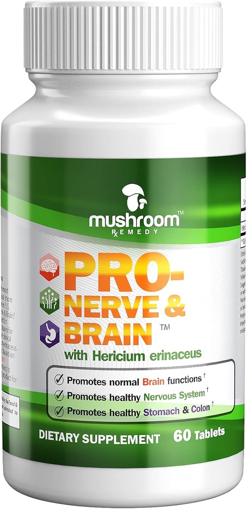 PRO-Nerve & Hjerne | Alt-Naturlig Herbal Supplement for hukommelse, nervesystem, mage, Colon, Digestive Tract, klinisk studert Lion 's Mane Mushroom Extract, Vegan, Ikke-GMO, USA laget, 60 tabletter