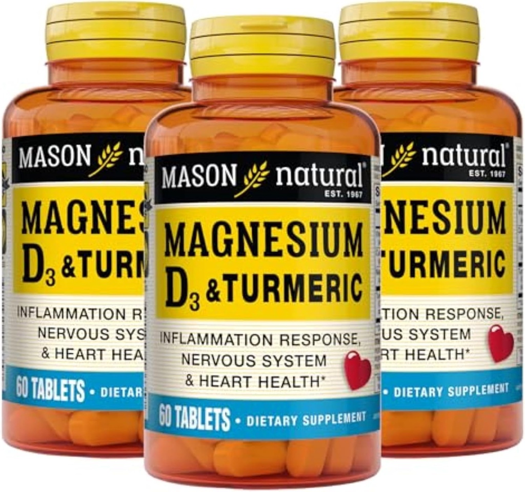 MASON NATŪRALUS Magnis & Vitaminas D3 su turmeriniu, 180, paros tiekimas, dietinis priedas dieninei sveikatingumo paramai, 60 tablečių (3 tablečių pakuotė)