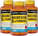 MASON NATURAL Magnesium & Vitamin D3 dengan Turmeric, 180, Tambahan Hari, Tambahan Dieter untuk Dukungan Wellness Harian, 60 Tablet (Paket 3)