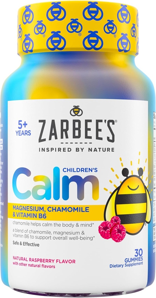 Zarbee's Naturals Children’s Calm Gummies, Magnesium for Kids Ages 5+, Melatonin-Free, Support for a Calm Mind & Body, Chamomile & Vitamin B6, Natural Raspberry Flavor, 30 Count Gummies