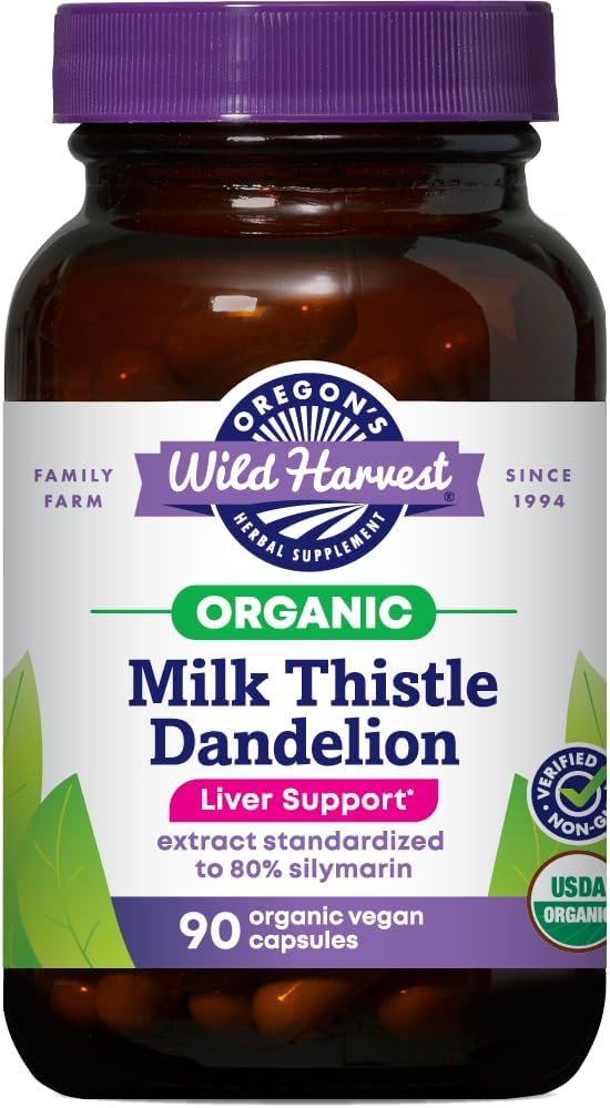 La cosecha silvestre de Oregon Certificada de leche orgánica Thistle Dandelion Capsules Liver Support Extract Estándarizado al 80% Silymarin, 90 Conde