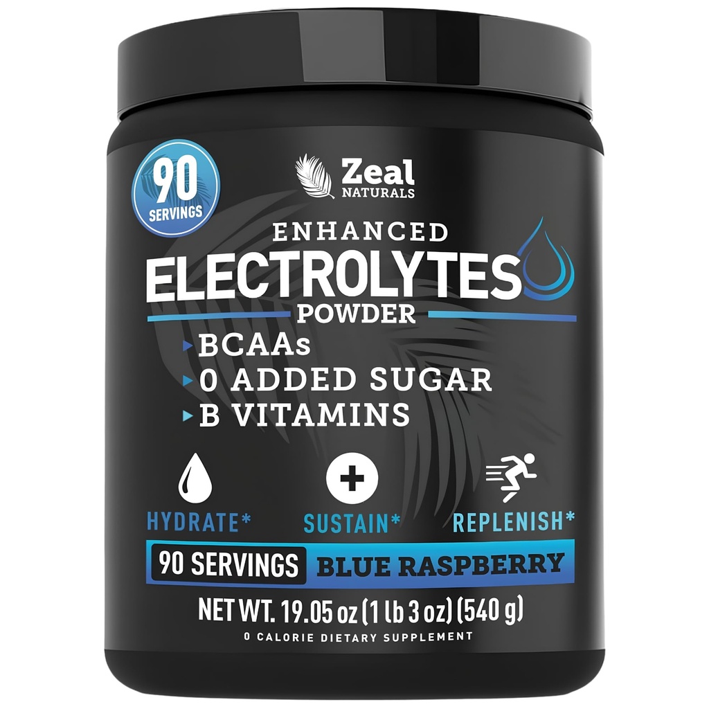 Zeal Electrolyte Powder - 90 Servings | Keto Electrolytes Powder | Zero Sugar, BCAAs, B-Vitamins | Potassium, Zinc, Magnesium | Hydration Powder Recovery Drink | Blue Raspberry