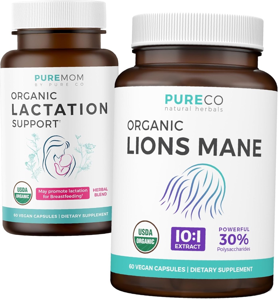 Lactation Support & Lions Mane (1 개월 공급) 유기 Lactation 지원의 마인드 번들 - 간호 엄마 (60 캡슐) 및 유기 Lions Mane 버섯 10 : 1 추출물 (60 캡슐)